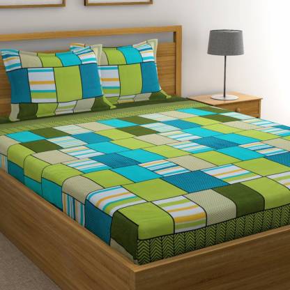 STIHOMES 144 TC Cotton Double Geometric Bedsheet (Pack of 1, Green, Blue)